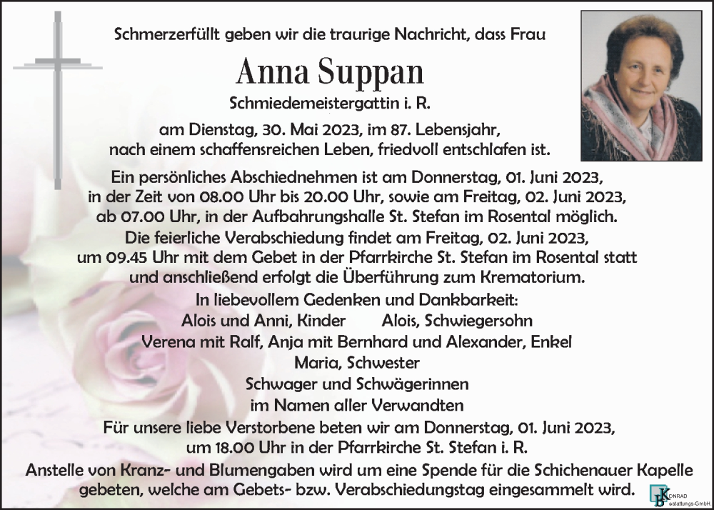  Traueranzeige für Anna Suppan vom 01.06.2023 aus Kleine Zeitung