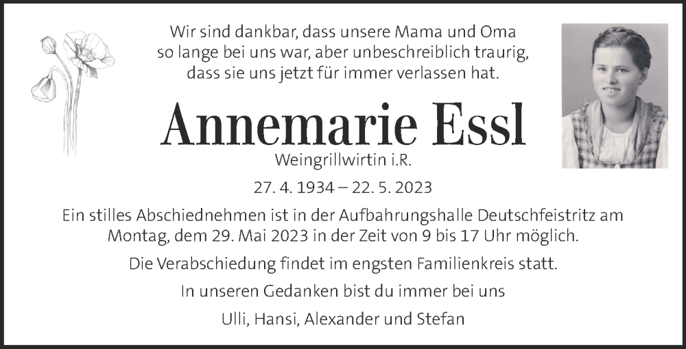  Traueranzeige für Annemarie Essl vom 26.05.2023 aus Kleine Zeitung