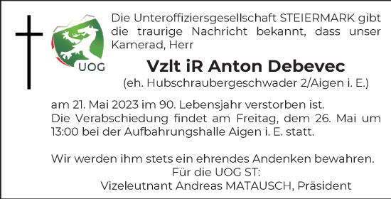 Traueranzeige von Anton Debevec von Kleine Zeitung