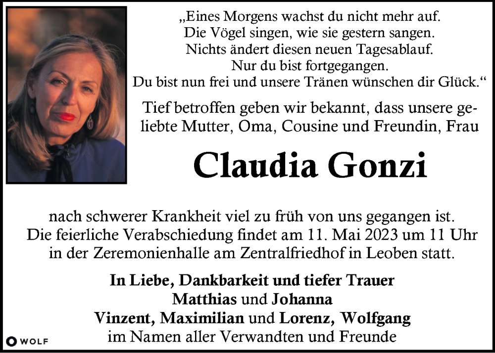  Traueranzeige für Claudia Gonzi vom 06.05.2023 aus Kleine Zeitung