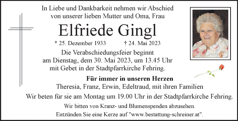  Traueranzeige für Elfriede Gingl vom 27.05.2023 aus Kleine Zeitung