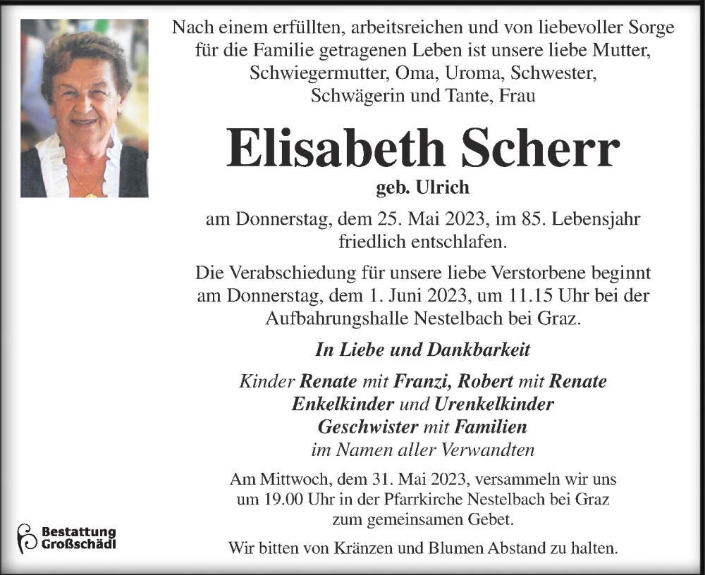  Traueranzeige für Elisabeth Scherr vom 27.05.2023 aus Kleine Zeitung