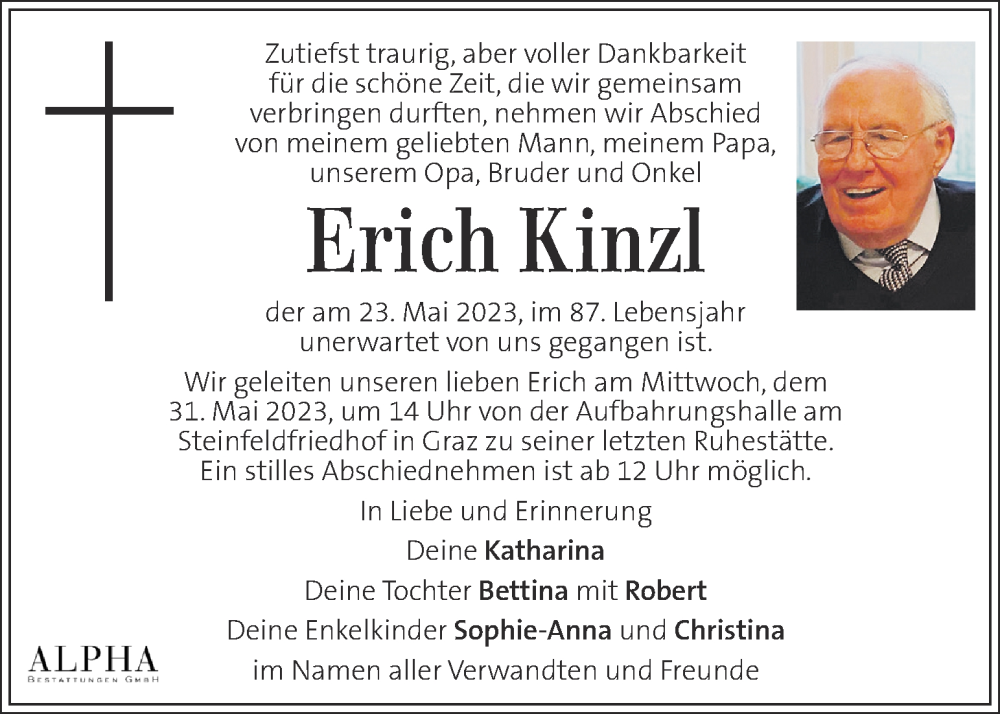 Traueranzeige für Erich Kinzl vom 26.05.2023 aus Kleine Zeitung