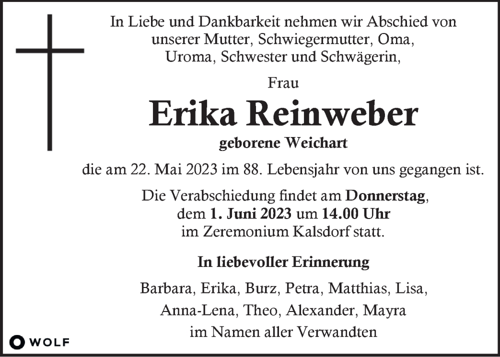  Traueranzeige für Erika Reinweber vom 26.05.2023 aus Kleine Zeitung