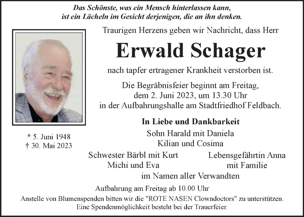  Traueranzeige für Erwald Schager vom 01.06.2023 aus Kleine Zeitung