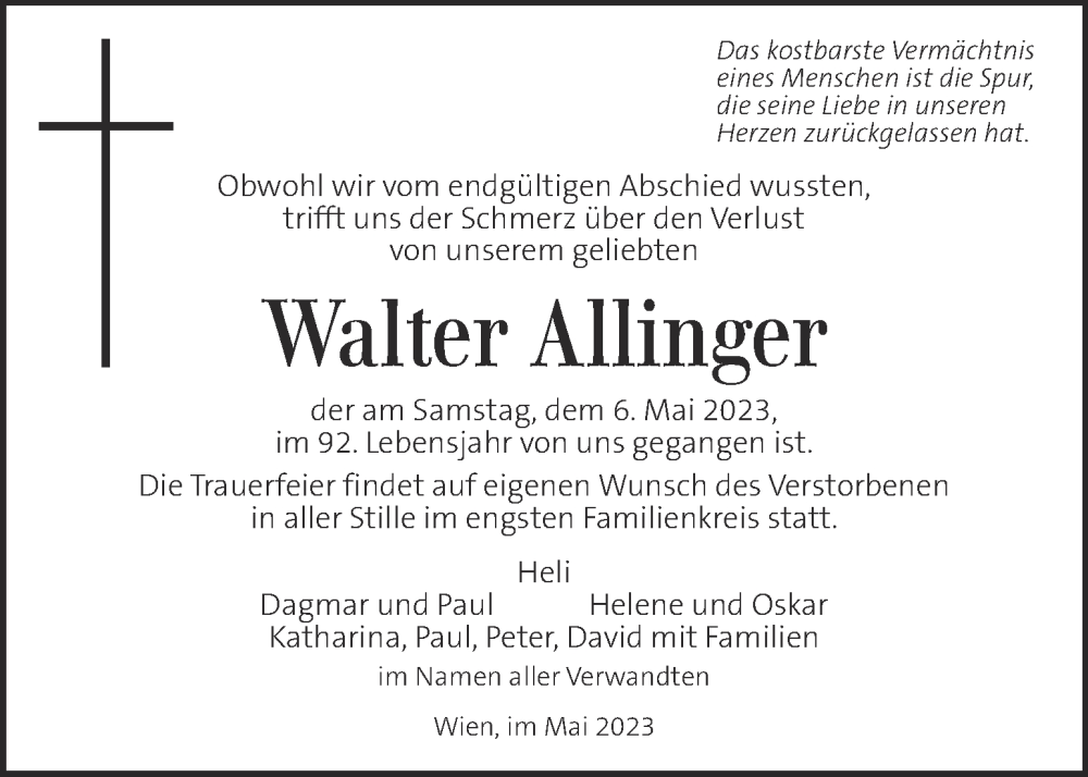  Traueranzeige für Walter Allinger vom 23.05.2023 aus Kleine Zeitung