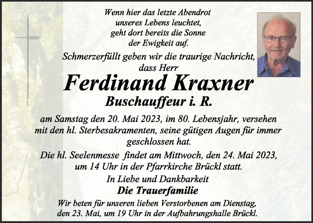  Traueranzeige für Ferdinand Kraxner vom 23.05.2023 aus Kleine Zeitung