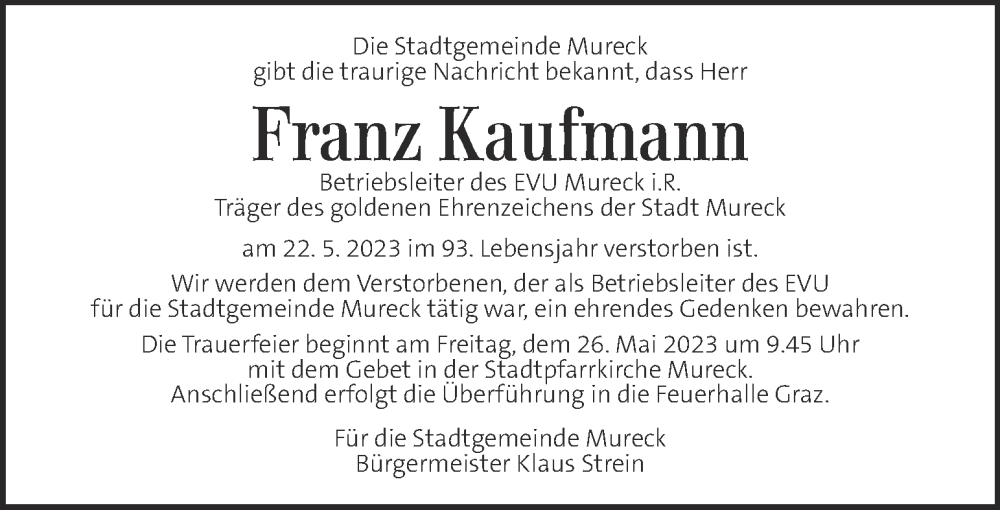  Traueranzeige für Franz Kaufmann vom 25.05.2023 aus Kleine Zeitung