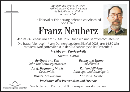 Traueranzeige von Franz Neuherz von Kleine Zeitung