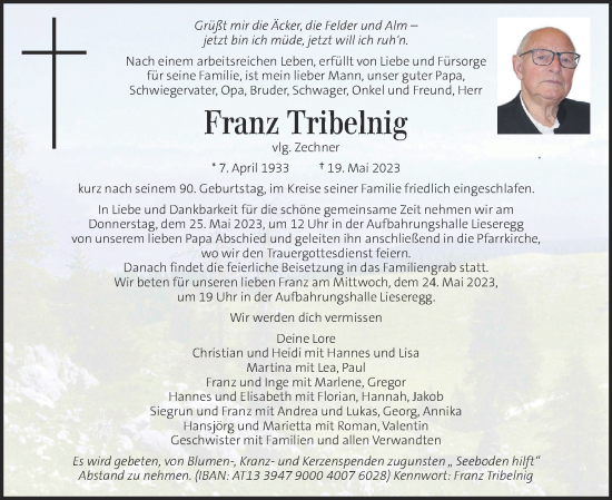 Traueranzeige von Franz Tribelnig von Kleine Zeitung