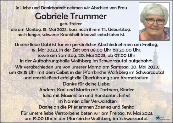 Traueranzeige von Gabriele Trummer von Kleine Zeitung