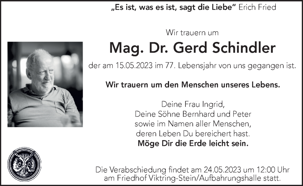  Traueranzeige für Gerd Schindler vom 18.05.2023 aus Kleine Zeitung
