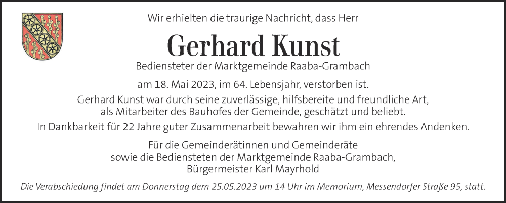  Traueranzeige für Gerhard Kunst vom 23.05.2023 aus Kleine Zeitung
