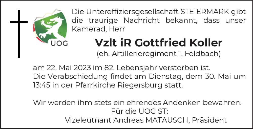  Traueranzeige für Gottfried Koller vom 27.05.2023 aus Kleine Zeitung