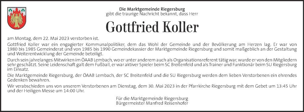  Traueranzeige für Gottfried Koller vom 28.05.2023 aus Kleine Zeitung