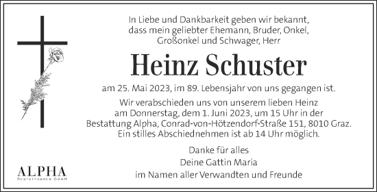 Traueranzeige von Heinz Schuster von Kleine Zeitung