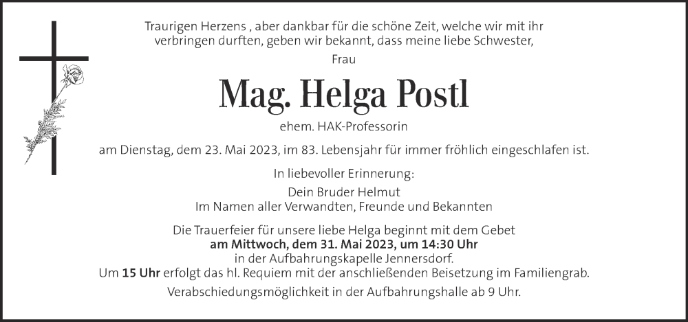  Traueranzeige für Helga Postl vom 27.05.2023 aus Kleine Zeitung