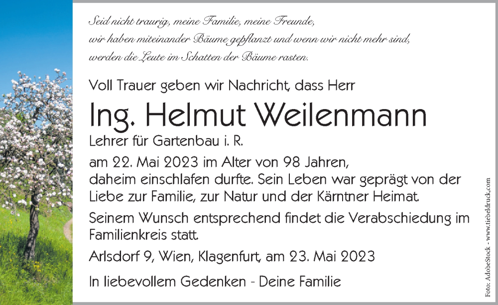  Traueranzeige für Helmut Weilenmann vom 25.05.2023 aus Kleine Zeitung