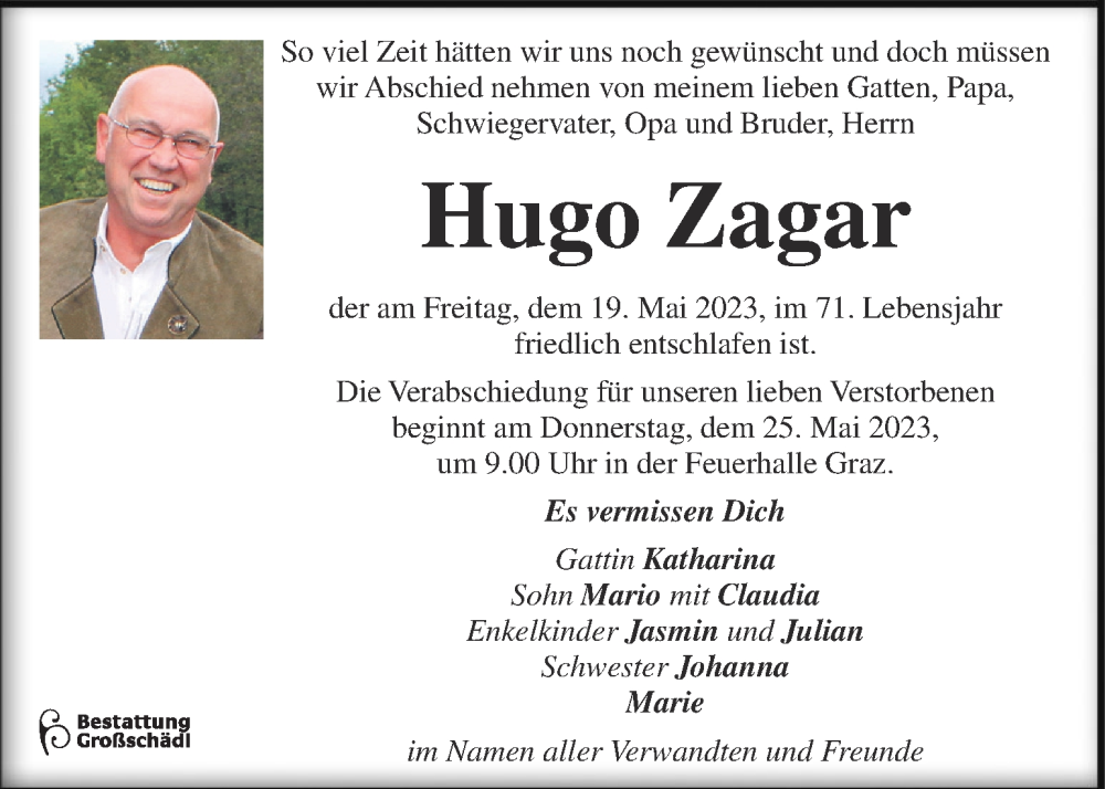  Traueranzeige für Hugo Zagar vom 23.05.2023 aus Kleine Zeitung