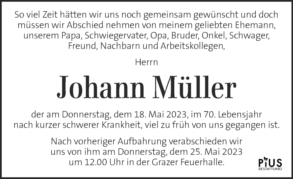  Traueranzeige für Johann Müller vom 23.05.2023 aus Kleine Zeitung