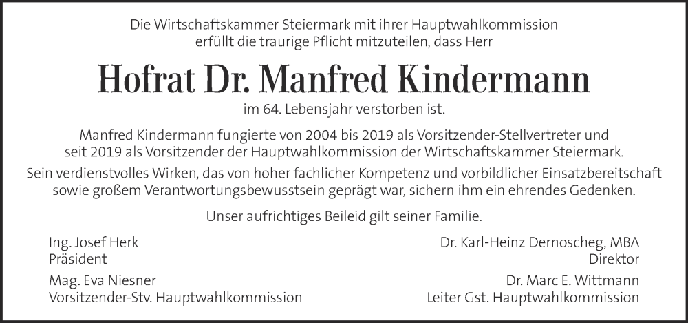  Traueranzeige für Manfred Kindermann vom 24.05.2023 aus Kleine Zeitung