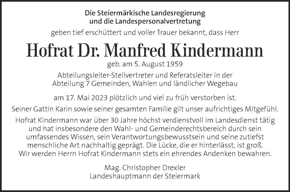  Traueranzeige für Manfred Kindermann vom 24.05.2023 aus Kleine Zeitung