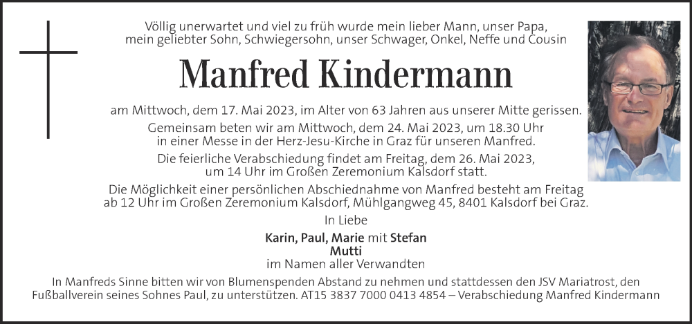  Traueranzeige für Manfred Kindermann vom 23.05.2023 aus Kleine Zeitung