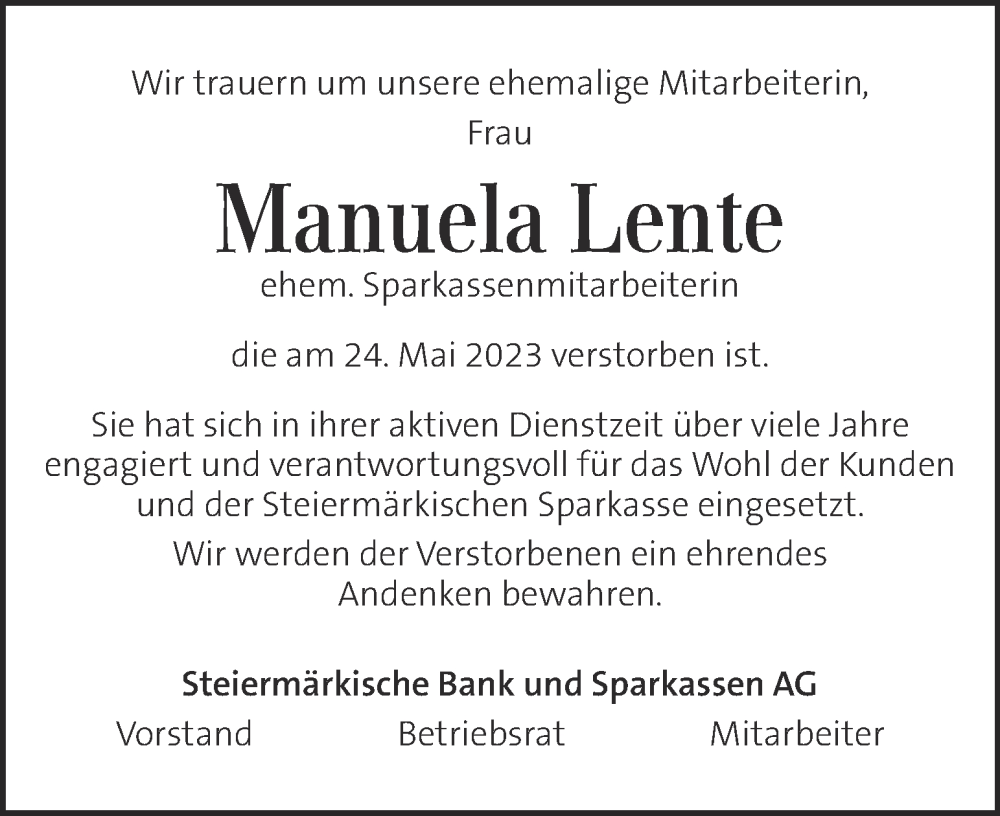  Traueranzeige für Manuela Lente vom 27.05.2023 aus Kleine Zeitung
