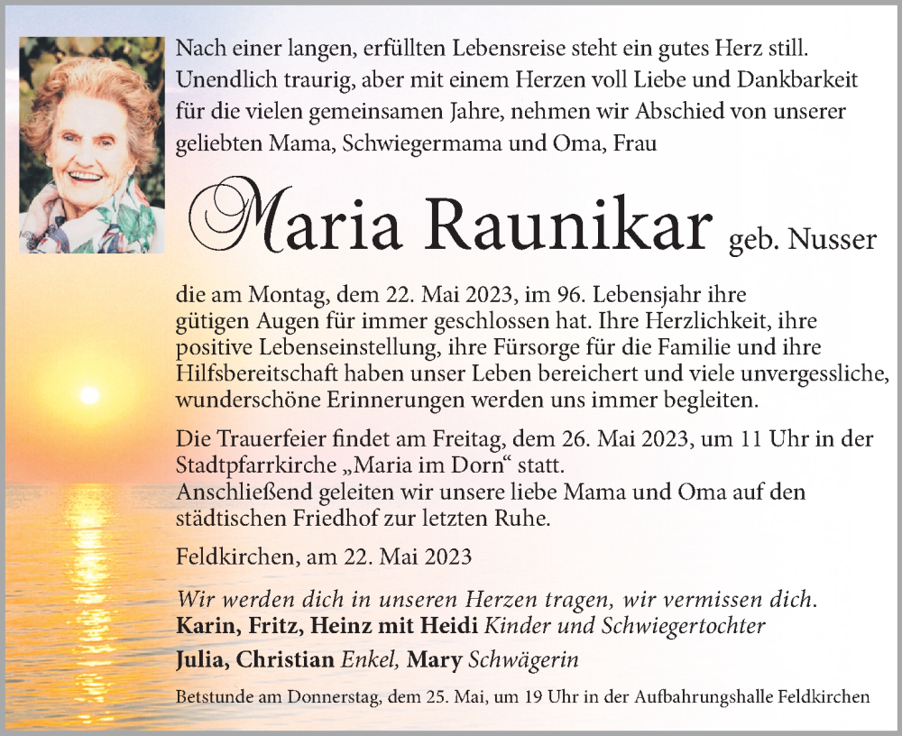  Traueranzeige für Maria Raunikar vom 24.05.2023 aus Kleine Zeitung