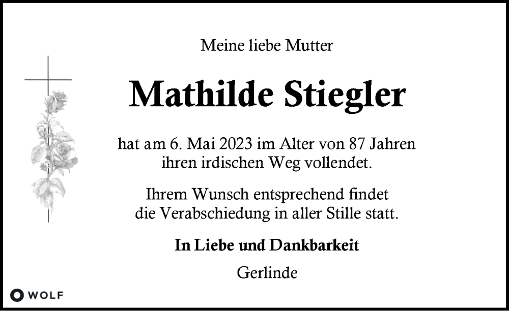 Traueranzeige für Mathilde Stiegler vom 13.05.2023 aus Kleine Zeitung