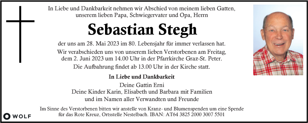 Traueranzeige für Sebastian Stegh  vom 01.06.2023 aus Kleine Zeitung