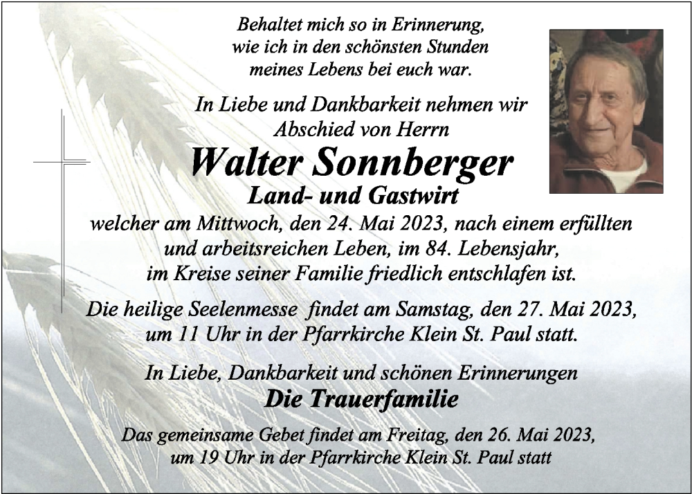  Traueranzeige für Walter Sonnberger vom 26.05.2023 aus Kleine Zeitung