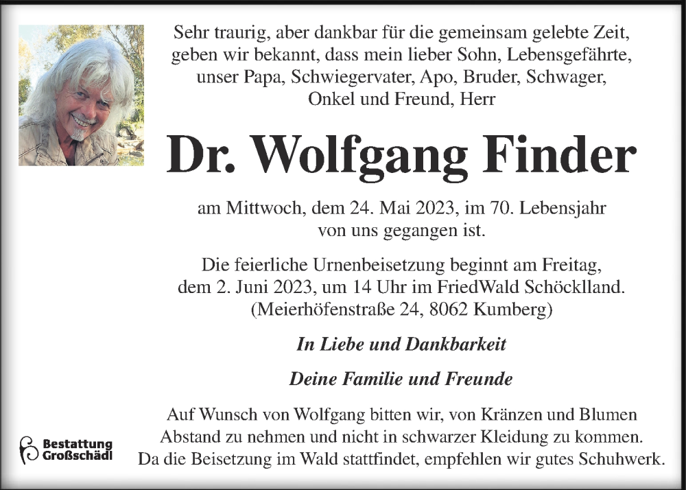  Traueranzeige für Wolfgang Finder vom 27.05.2023 aus Kleine Zeitung