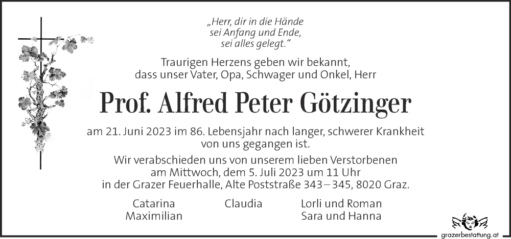  Traueranzeige für Alfred Peter Götzinger vom 27.06.2023 aus Kleine Zeitung