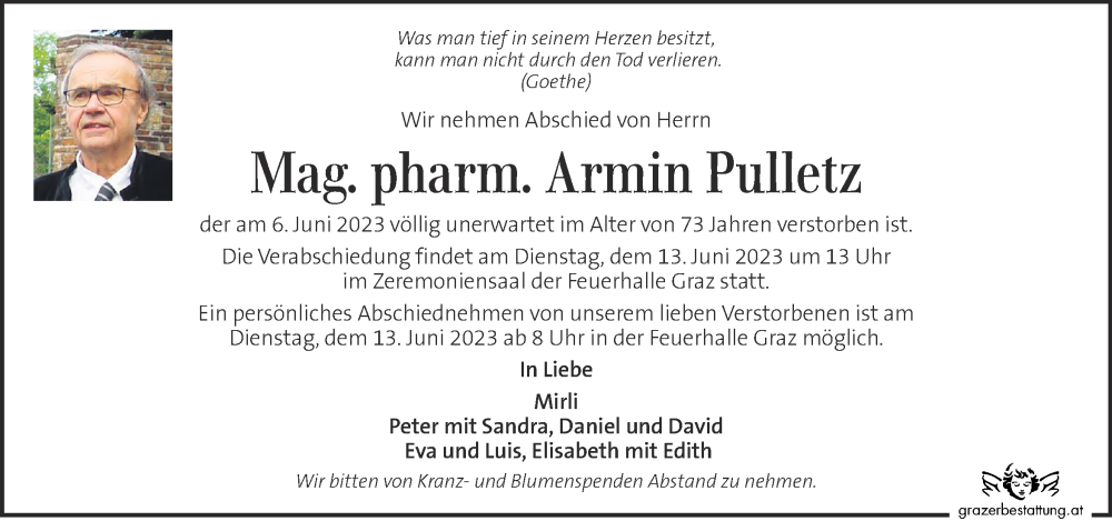 Traueranzeige für Armin Pulletz vom 11.06.2023 aus Kleine Zeitung