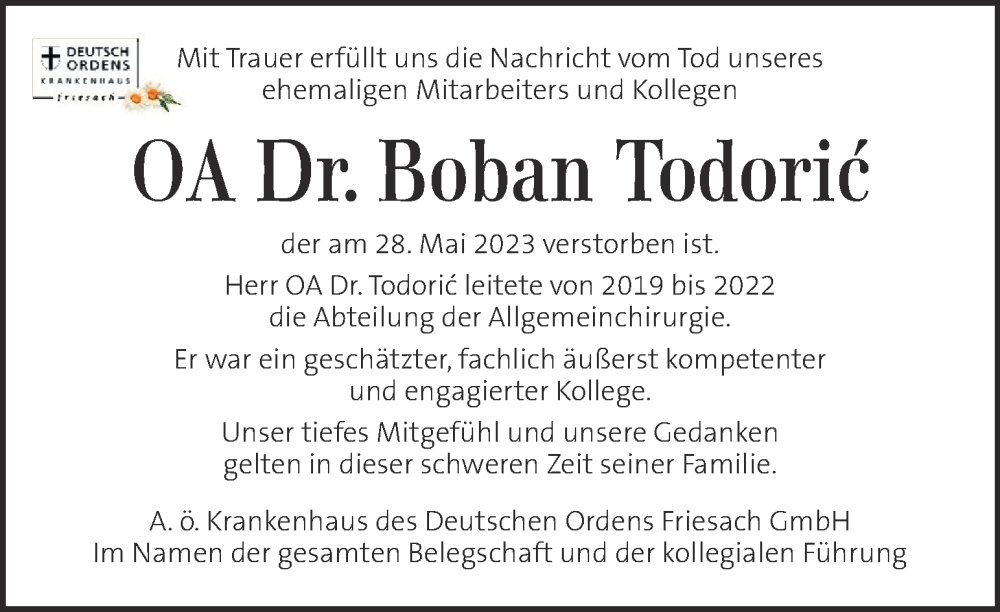  Traueranzeige für Boban Todoric vom 13.06.2023 aus Kleine Zeitung