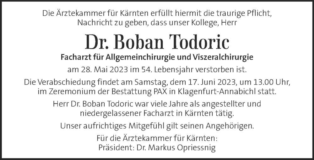  Traueranzeige für Boban Todoric vom 15.06.2023 aus Kleine Zeitung