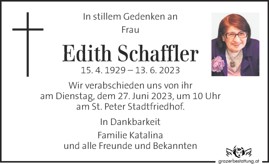 Traueranzeige von Edith Schaffler von Kleine Zeitung