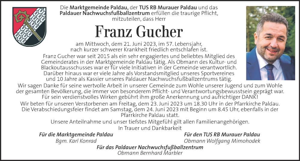  Traueranzeige für Franz Gucher vom 23.06.2023 aus Kleine Zeitung