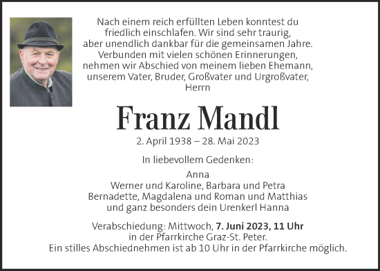 Traueranzeige von Franz Mandl von Kleine Zeitung