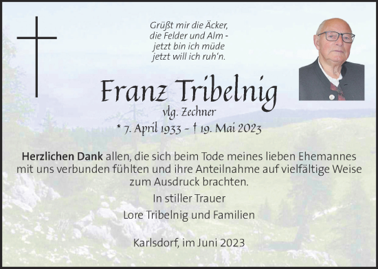 Traueranzeige von Franz Tribelnig von Kleine Zeitung