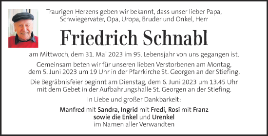Traueranzeige von Friedrich Schnabl  von Kleine Zeitung