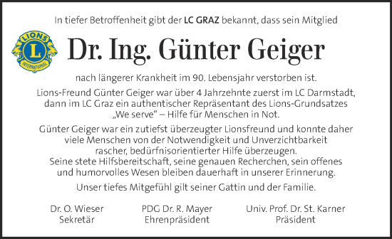 Traueranzeige von Günter Geiger von Kleine Zeitung