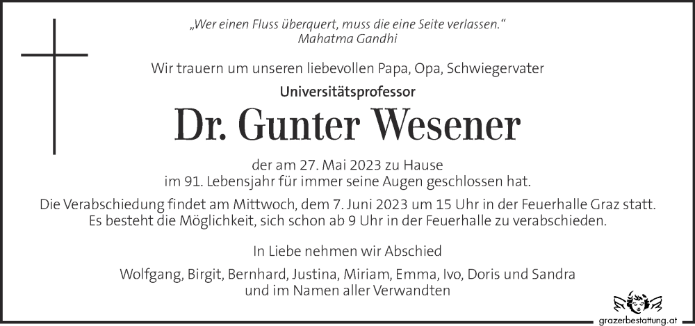  Traueranzeige für Gunter Wesener vom 03.06.2023 aus Kleine Zeitung