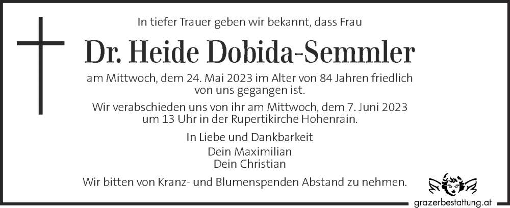  Traueranzeige für Heide Dobida-Semmler vom 02.06.2023 aus Kleine Zeitung