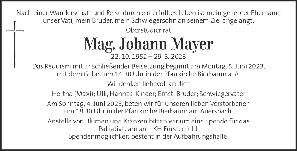  Traueranzeige für Johann Mayer vom 02.06.2023 aus Kleine Zeitung