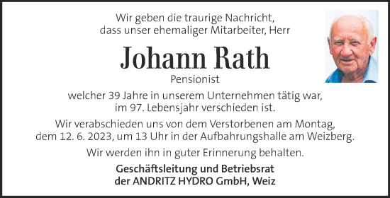 Traueranzeige von Johann Rath von Kleine Zeitung