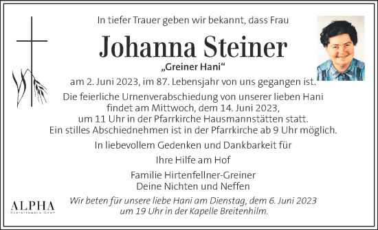 Traueranzeige von Johanna Steiner von Kleine Zeitung
