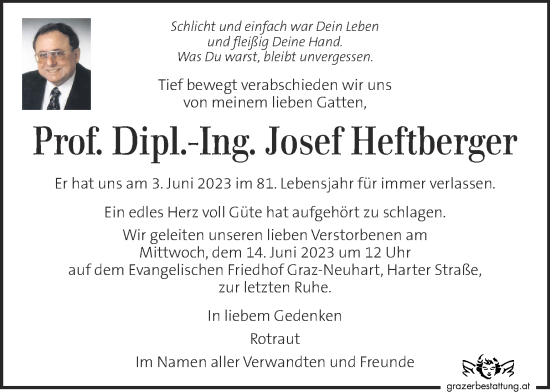Traueranzeige von Josef Heftberger von Kleine Zeitung