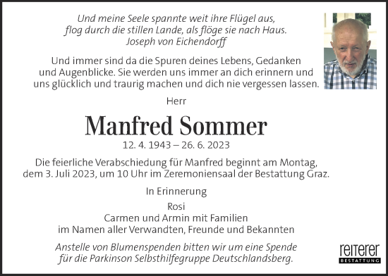 Traueranzeigen von Manfred Sommer | trauer.kleinezeitung.at